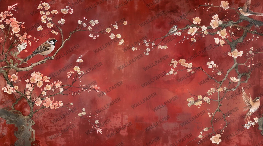 Red Cherry Blossom Bird Wallpaper: Asian Style Floral Peel and Stick Wall Mural - View 6