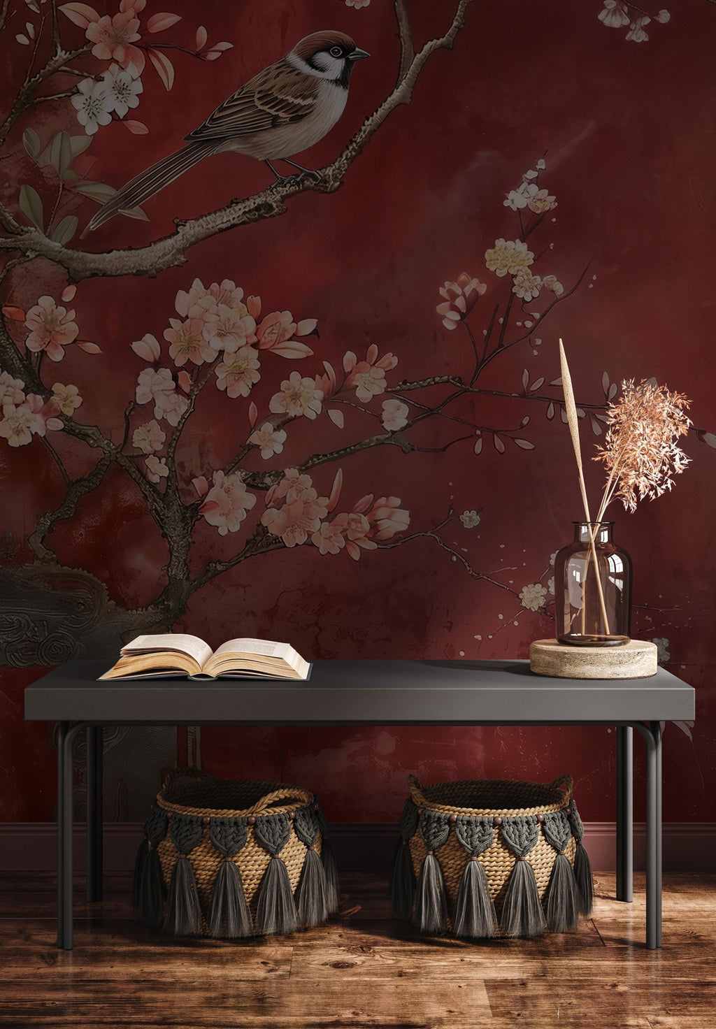 Red Cherry Blossom Bird Wallpaper: Asian Style Floral Peel and Stick Wall Mural - View 2