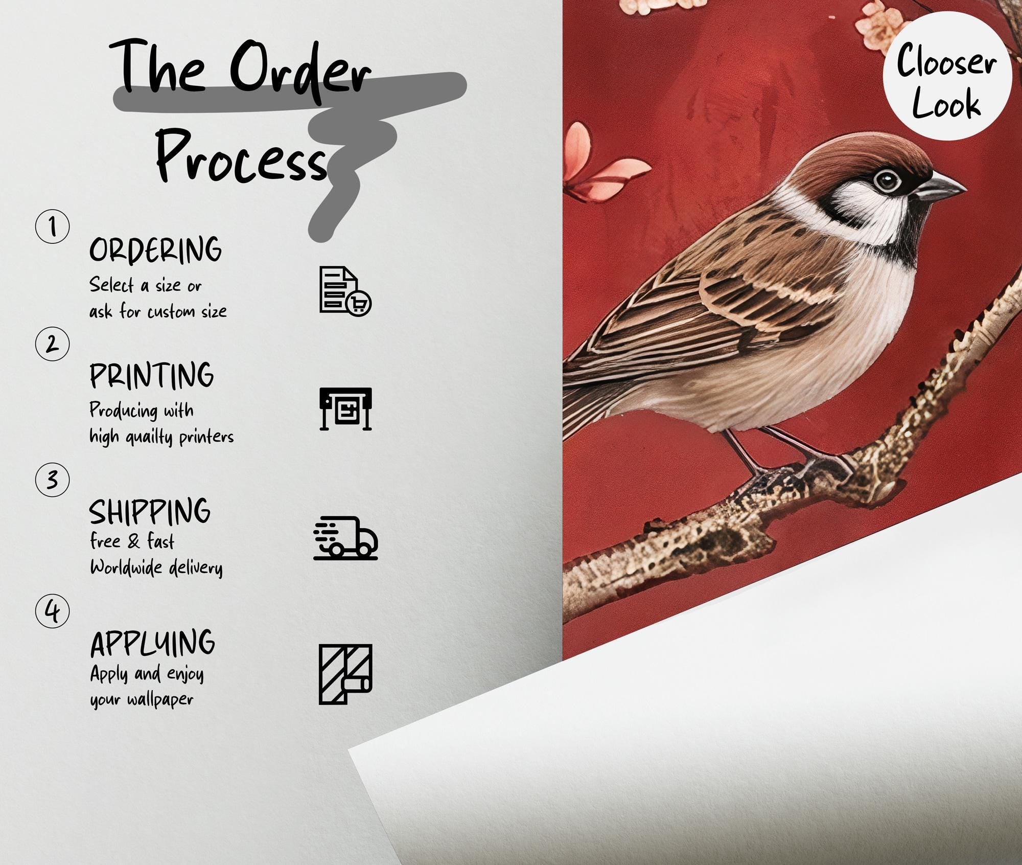 Red Cherry Blossom Bird Wallpaper: Asian Style Floral Peel and Stick Wall Mural - View 5