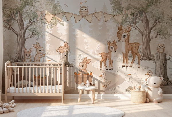Woodland Animals Nursery Wallpaper: Custom Size, Peel & Stick Wall Mural