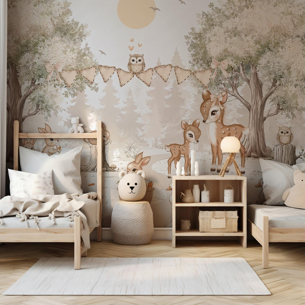 Woodland Animals Nursery Wallpaper: Custom Size, Peel & Stick Wall Mural - View 4