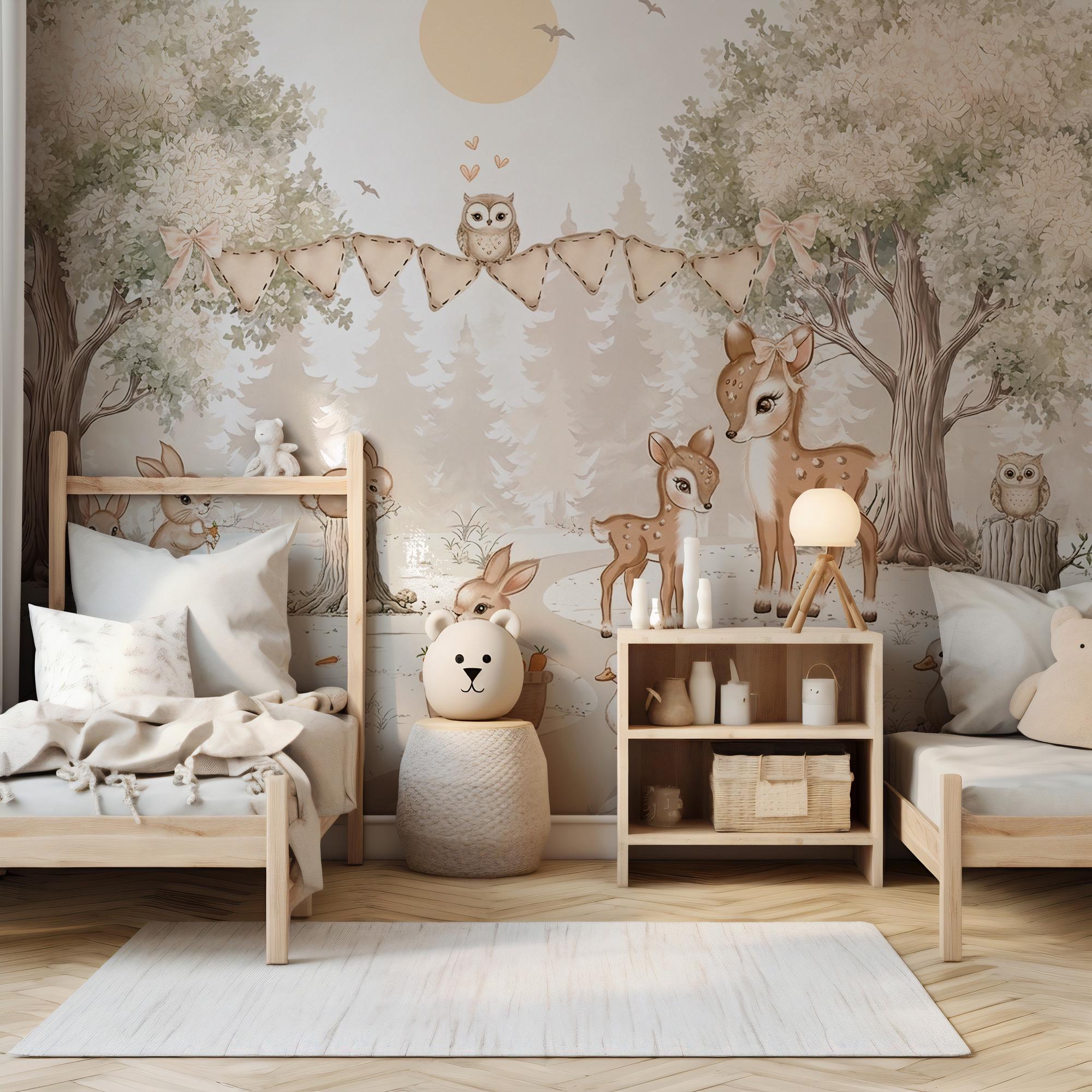 Woodland Animals Nursery Wallpaper: Custom Size, Peel & Stick Wall Mural - View 4