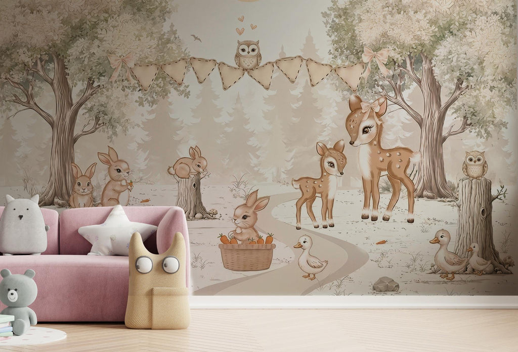 Woodland Animals Nursery Wallpaper: Custom Size, Peel & Stick Wall Mural - View 3