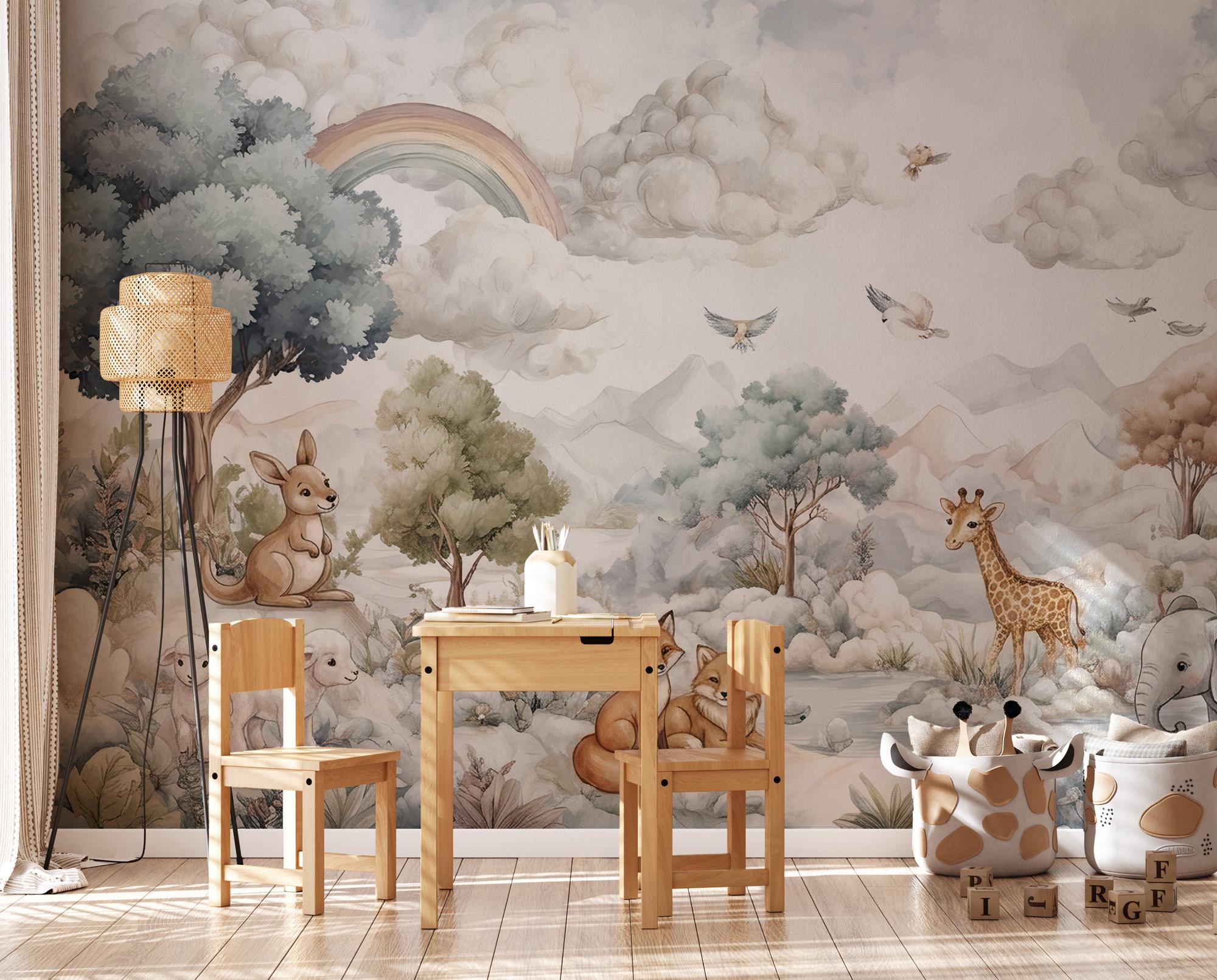 Safari Animals Rainbow Nursery Wallpaper: Custom Size, Peel and Stick Wall Mural - View 2