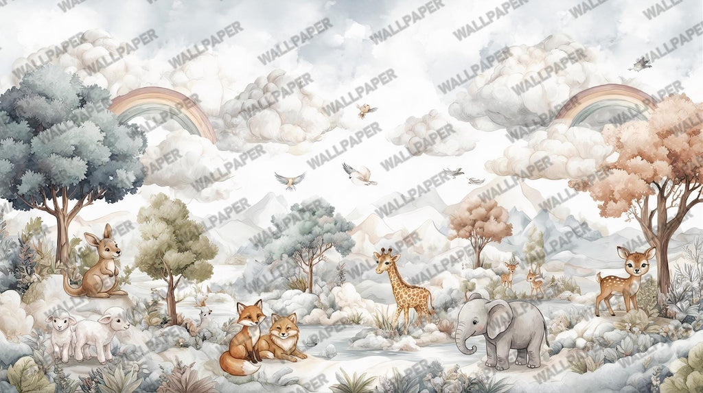 Safari Animals Rainbow Nursery Wallpaper: Custom Size, Peel and Stick Wall Mural - View 5