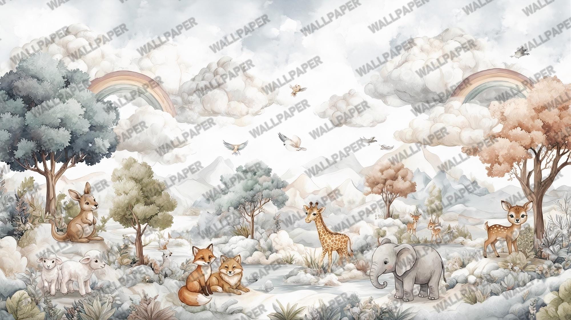 Safari Animals Rainbow Nursery Wallpaper: Custom Size, Peel and Stick Wall Mural - View 5
