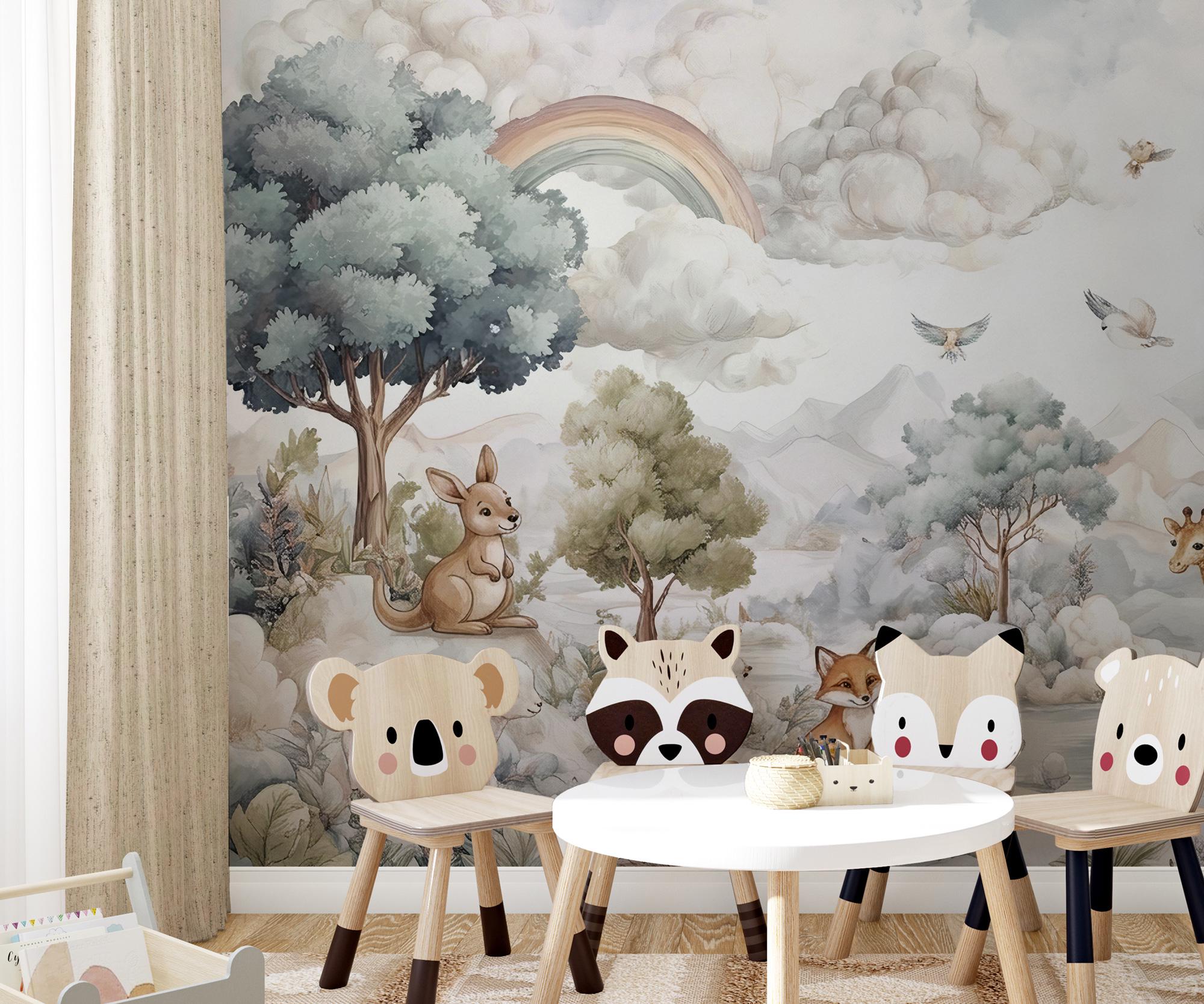 Safari Animals Rainbow Nursery Wallpaper: Custom Size, Peel and Stick Wall Mural - View 3