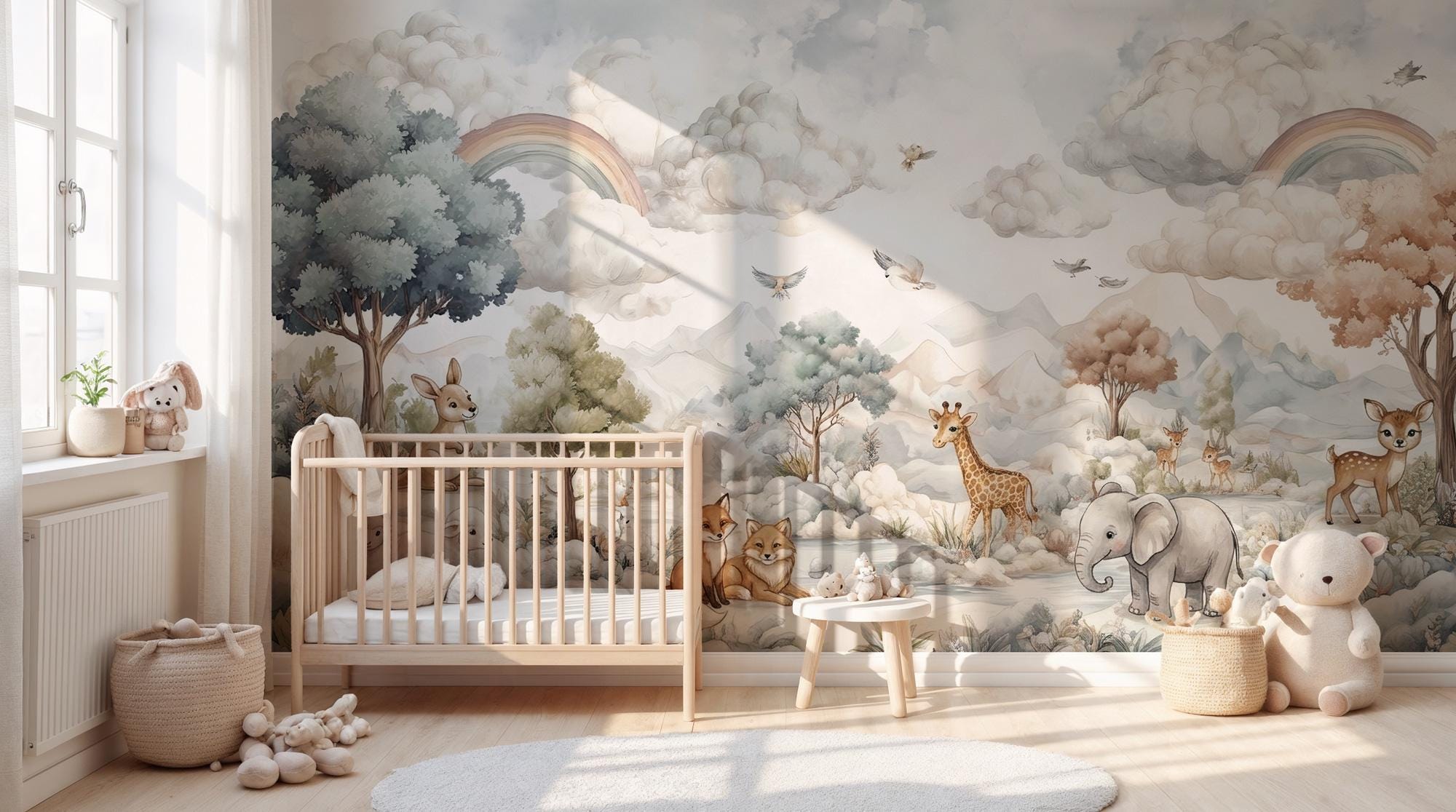 Safari Animals Rainbow Nursery Wallpaper: Custom Size, Peel and Stick Wall Mural