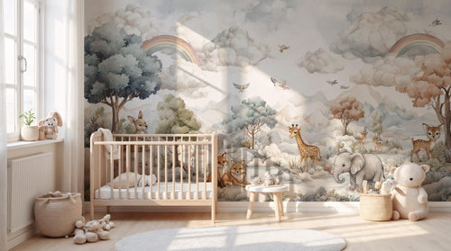Safari Animals Rainbow Nursery Wallpaper: Custom Size, Peel and Stick Wall Mural