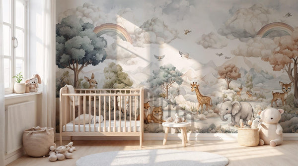 Safari Animals Rainbow Nursery Wallpaper: Custom Size, Peel and Stick Wall Mural