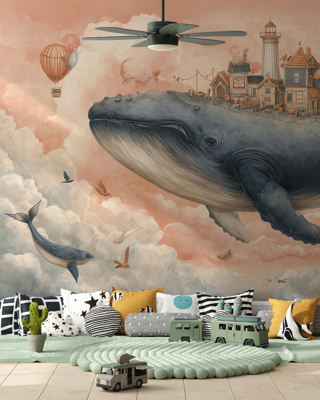 Fantasy Flying Whale Kids Room Wallpaper: Peel and Stick Wall Mural - Custom Size - View 4