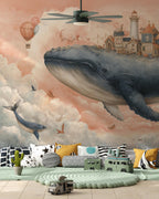 Fantasy Flying Whale Kids Room Wallpaper: Peel and Stick Wall Mural - Custom Size - View 4
