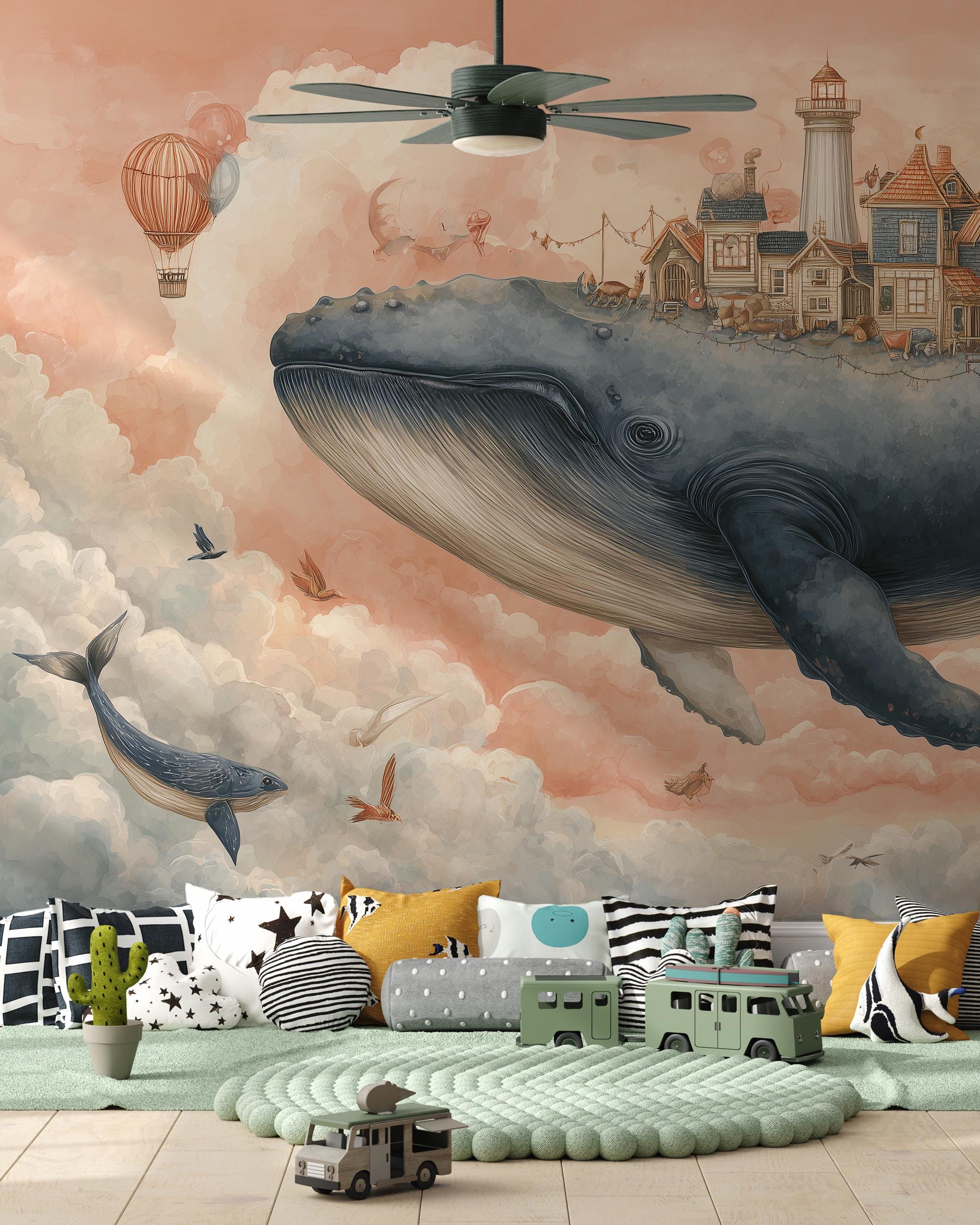 Fantasy Flying Whale Kids Room Wallpaper: Peel and Stick Wall Mural - Custom Size - View 4