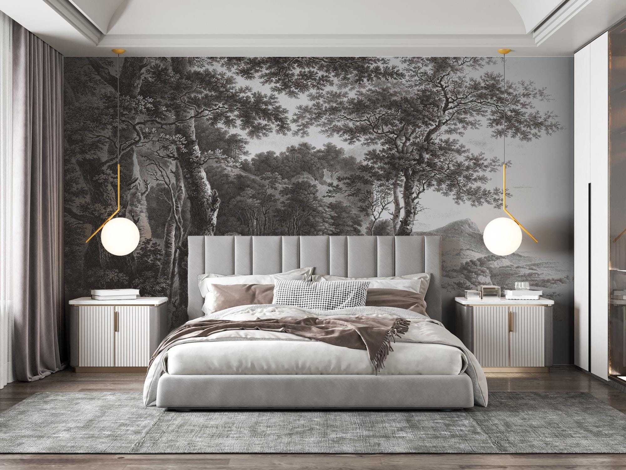 Vintage Forest Landscape Wallpaper: Peel and Stick Wall Mural - View 4