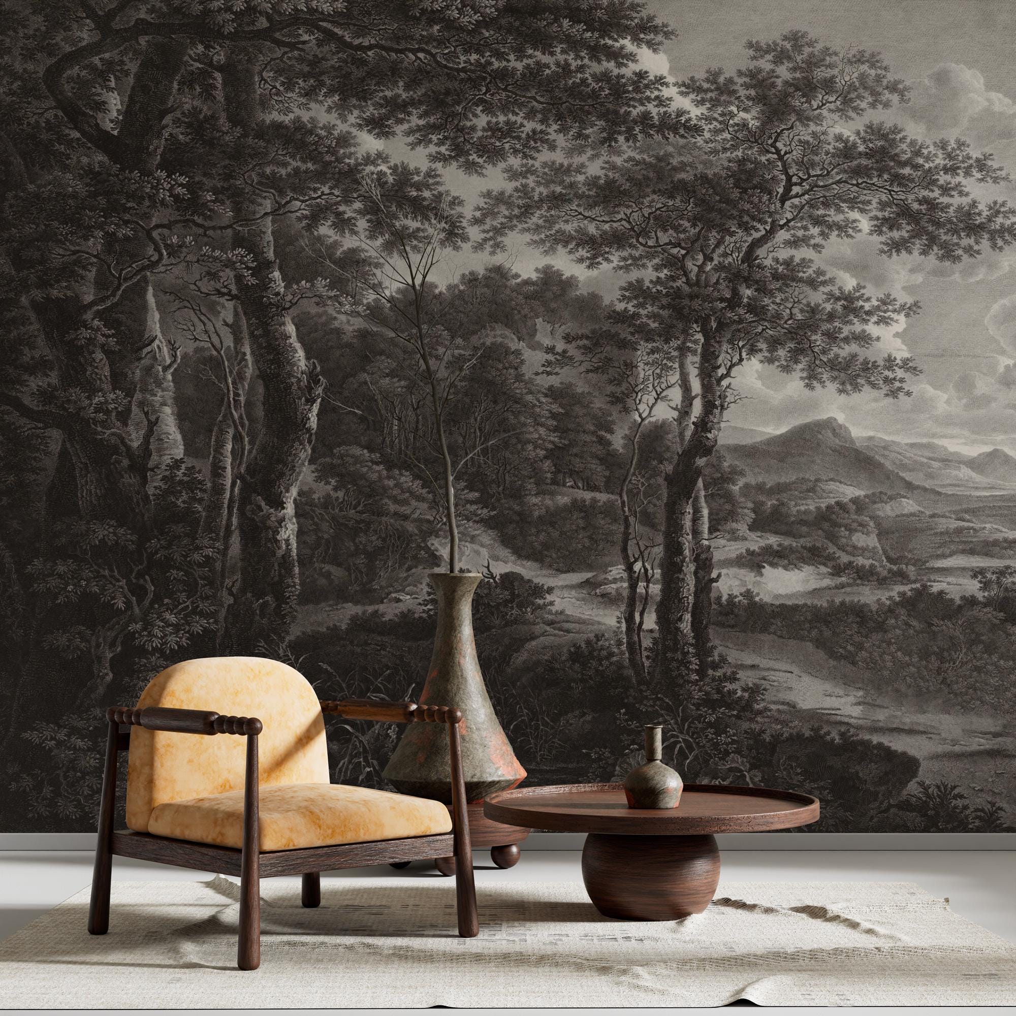 Vintage Forest Landscape Wallpaper: Peel and Stick Wall Mural