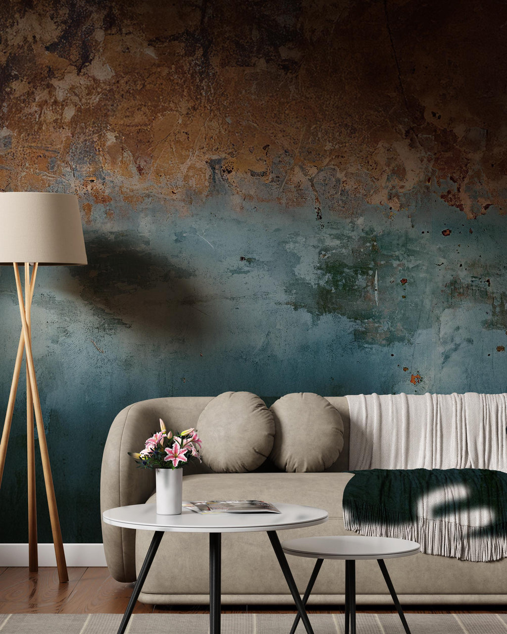 Rust Brown & Blue Concrete Texture: Industrial Grunge Wall Mural - Peel and Stick