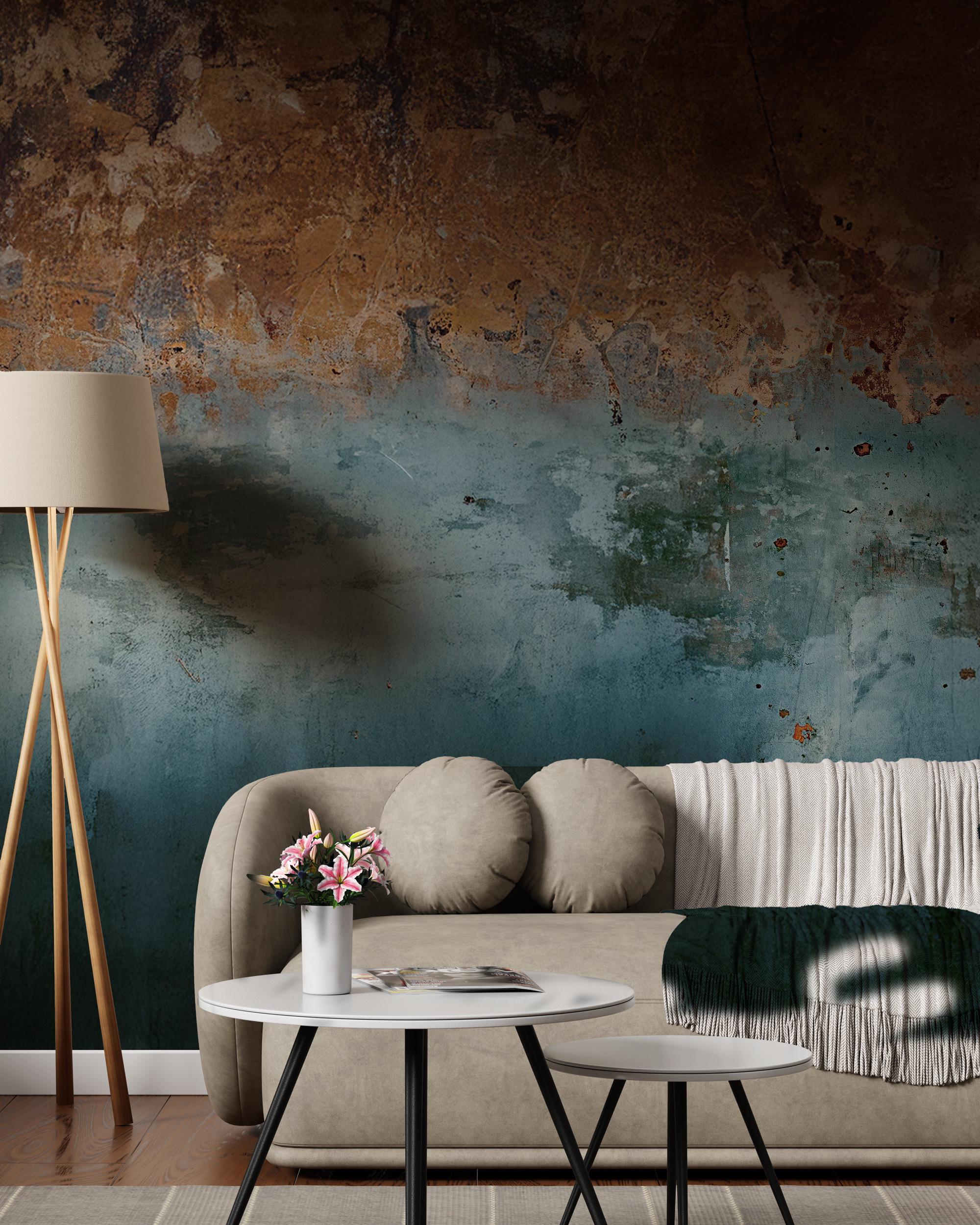 Rust Brown & Blue Concrete Texture: Industrial Grunge Wall Mural - Peel and Stick