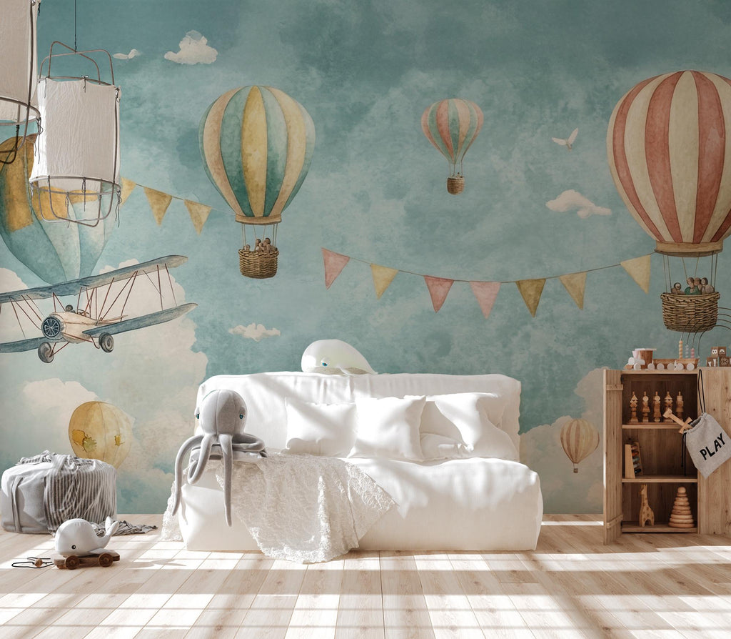 Vintage Hot Air Balloon Wallpaper: Peel and Stick Wall Mural - View 2