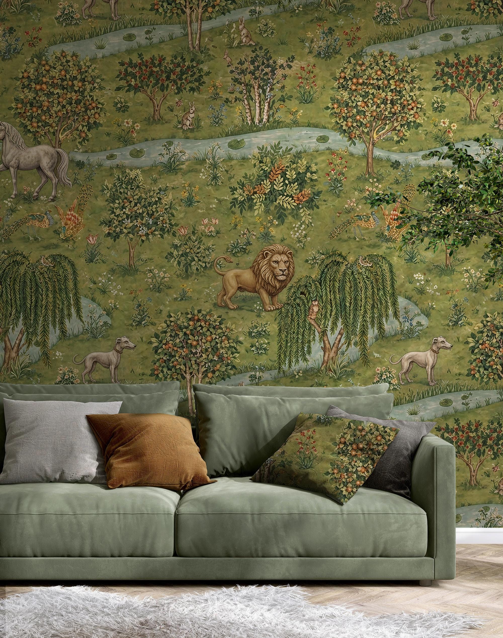 Medieval Tapestry Wallpaper, Antique Lion and Horse Mural Peel And Stick - View 4