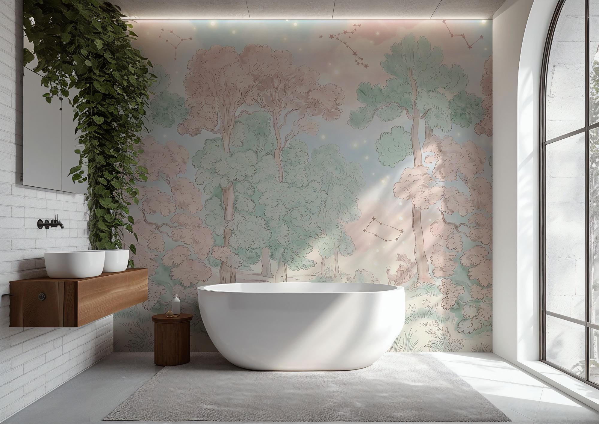 Pastel Woodland Landscape Wallpaper: Peel and Stick Wall Mural - View 4