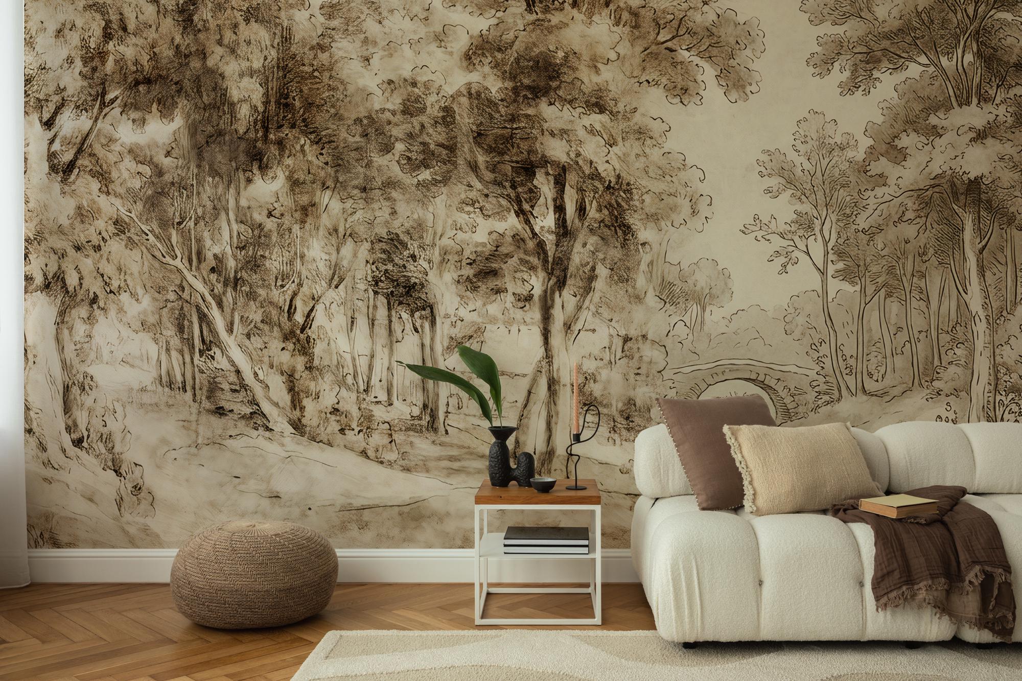 Vintage Sepia Forest Landscape Wallpaper: Peel and Stick Wall Mural - View 2
