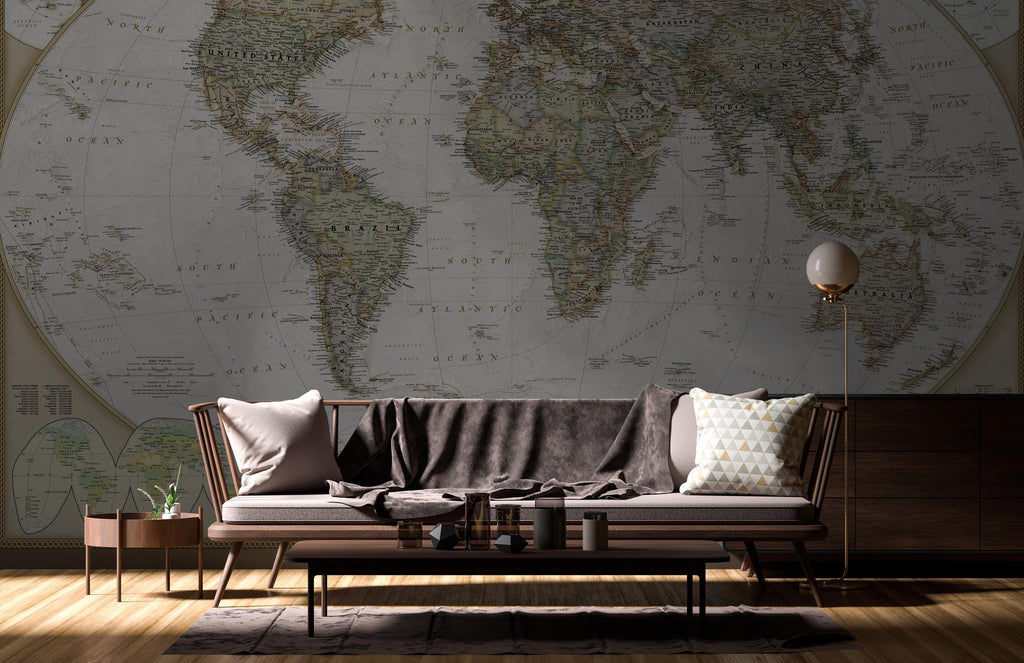 Vintage World Map Wallpaper: Peel and Stick Wall Mural - View 4