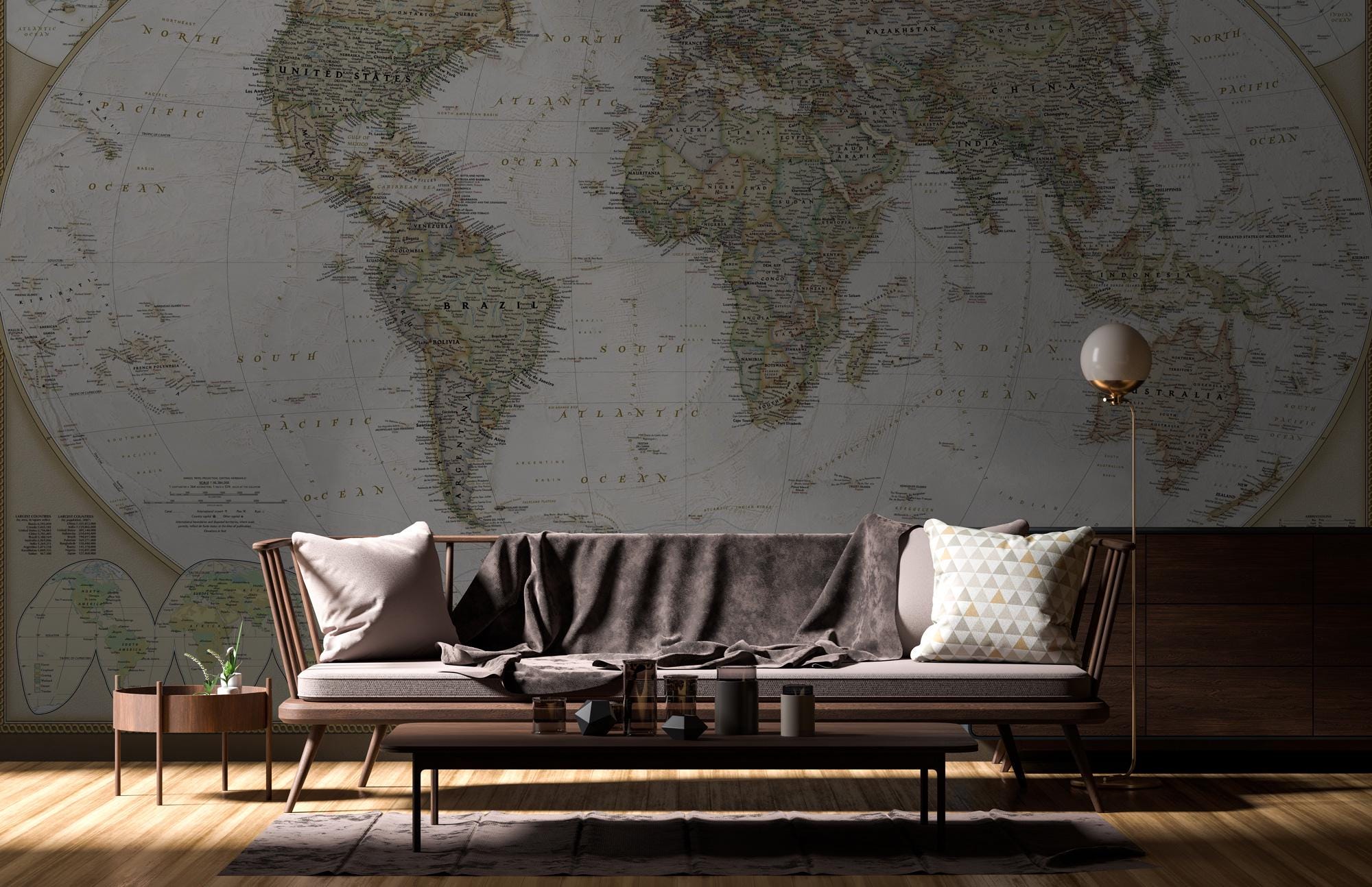 Vintage World Map Wallpaper: Peel and Stick Wall Mural - View 4