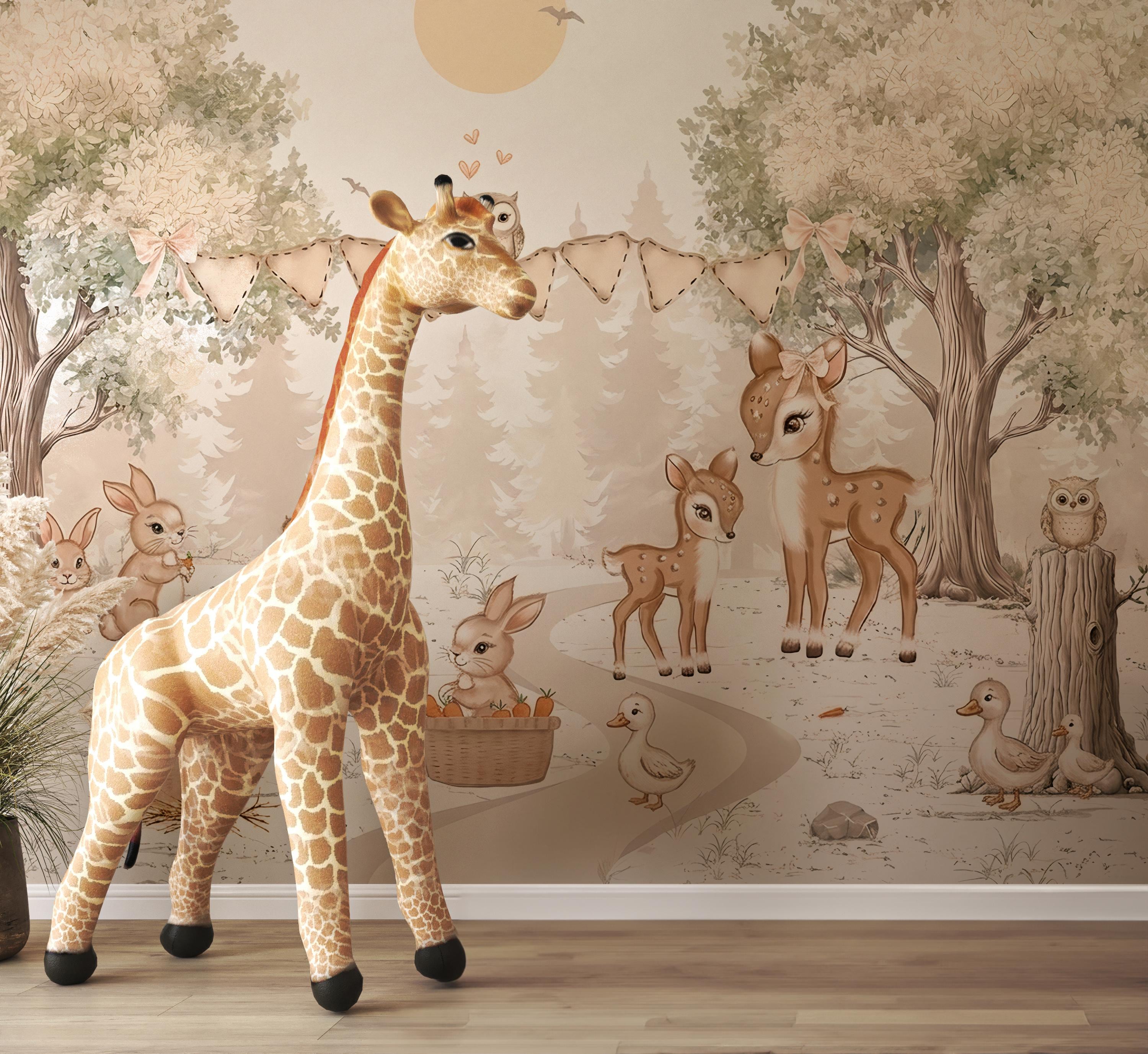 Woodland Animals Nursery Wallpaper: Custom Size, Peel & Stick Wall Mural - View 2