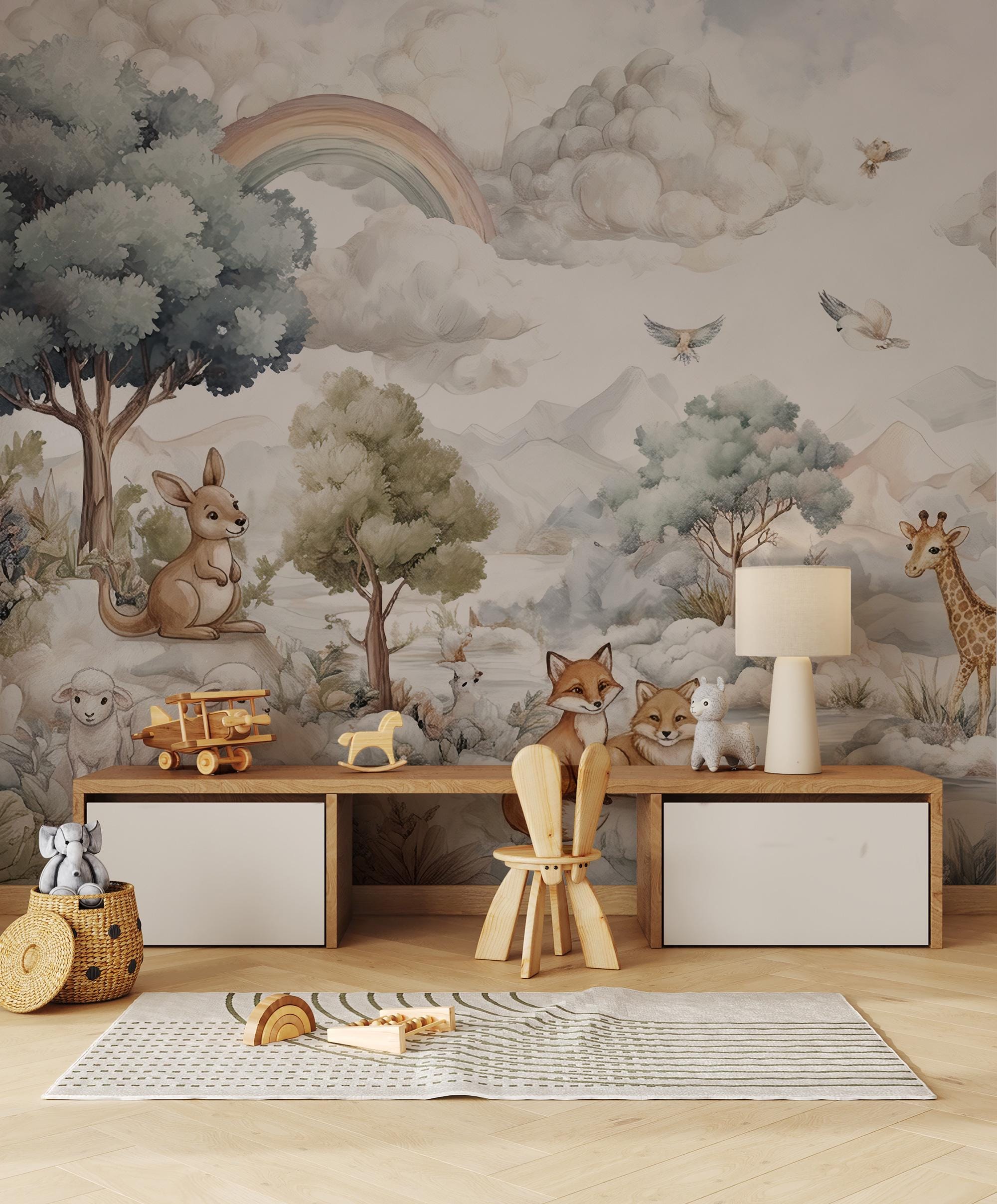 Safari Animals Rainbow Nursery Wallpaper: Custom Size, Peel and Stick Wall Mural - View 4