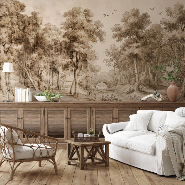 Vintage Sepia Forest Landscape Wallpaper: Peel and Stick Wall Mural
