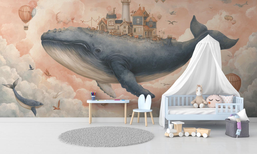 Fantasy Flying Whale Kids Room Wallpaper: Peel and Stick Wall Mural - Custom Size - View 2