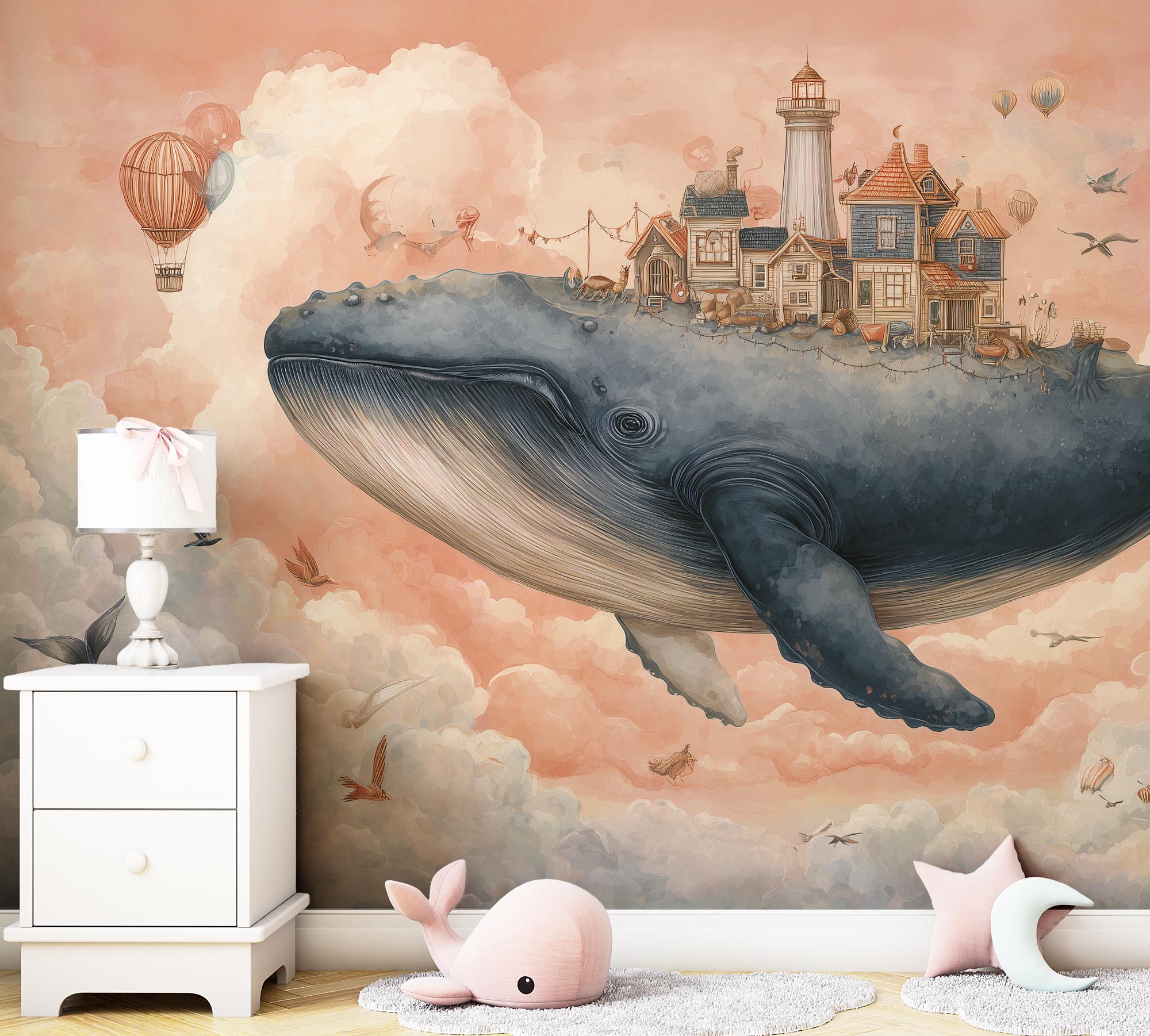 Fantasy Flying Whale Kids Room Wallpaper: Peel and Stick Wall Mural - Custom Size - View 3
