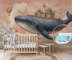Fantasy Flying Whale Kids Room Wallpaper: Peel and Stick Wall Mural - Custom Size