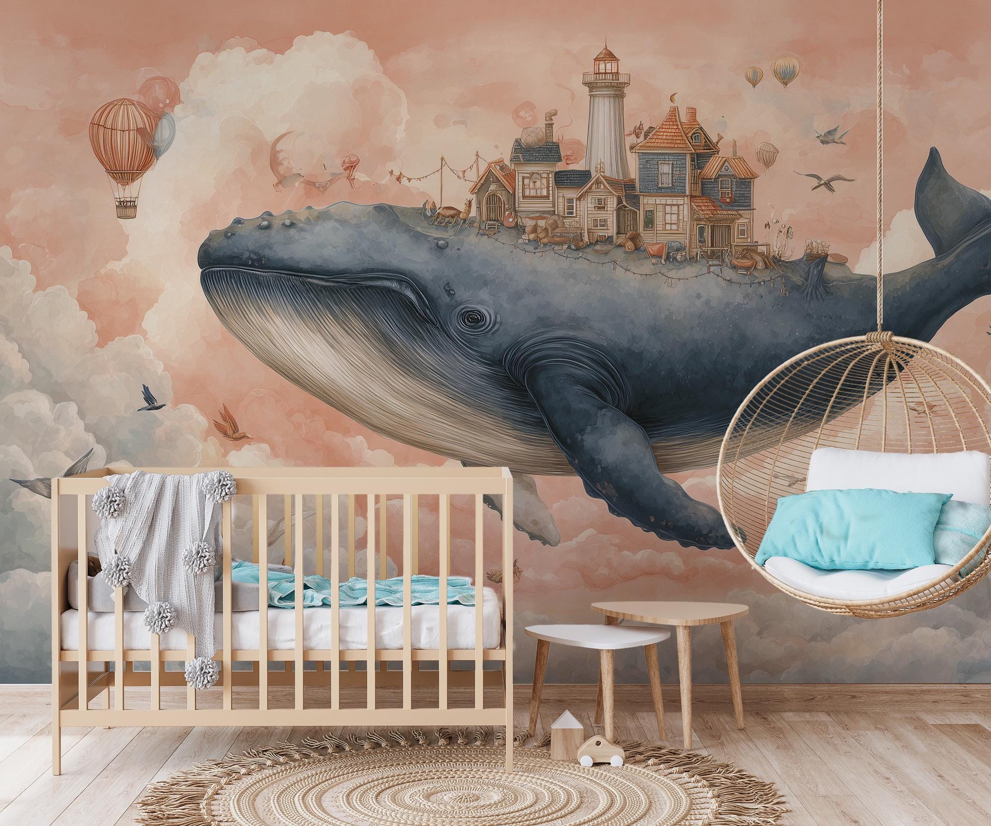 Fantasy Flying Whale Kids Room Wallpaper: Peel and Stick Wall Mural - Custom Size
