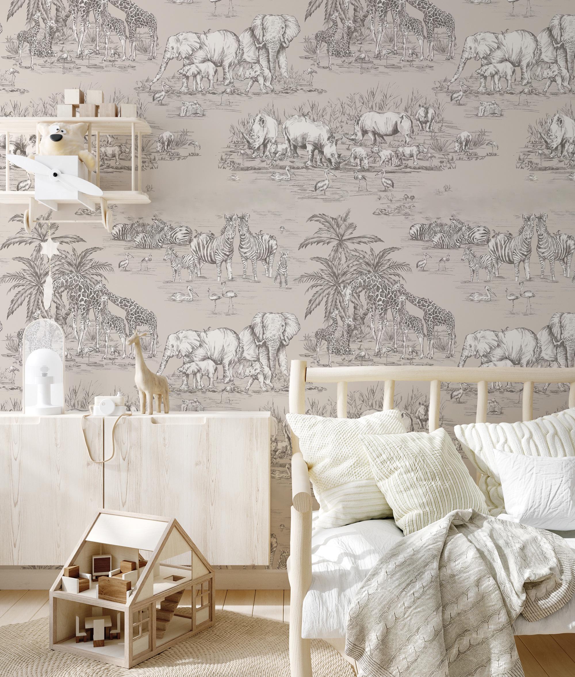 Safari Pattern Wallpaper: Neutral Jungle Mural, Kids Room Decor