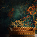 Dark Forest Peel and Stick Wallpaper, Autumn Botanical Wall Mural, Vintage Floral Removable Wallpaper