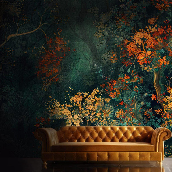 Dark Forest Peel and Stick Wallpaper, Autumn Botanical Wall Mural, Vintage Floral Removable Wallpaper