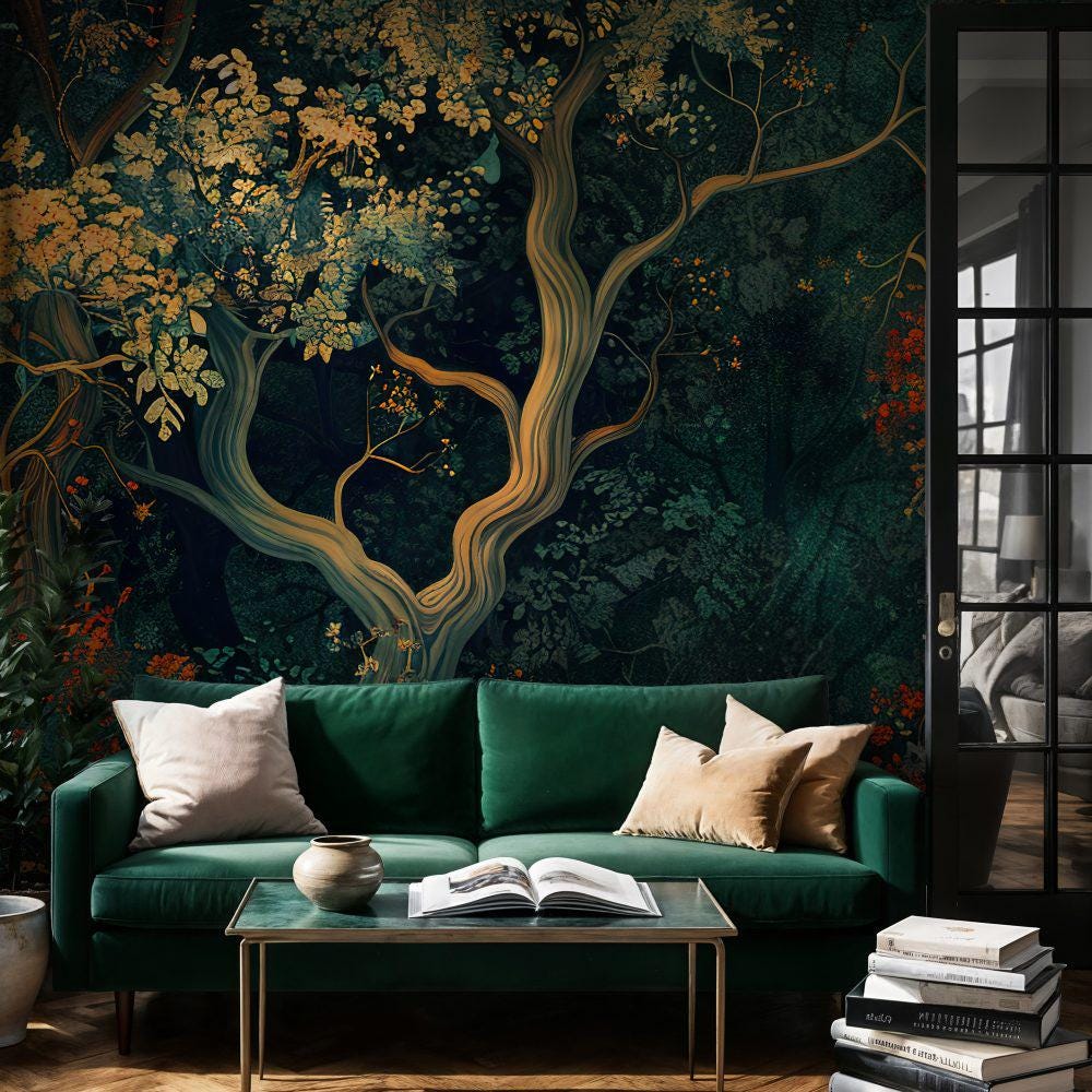 Dark Forest Peel and Stick Wallpaper, Autumn Botanical Wall Mural, Vintage Floral Removable Wallpaper - View 2