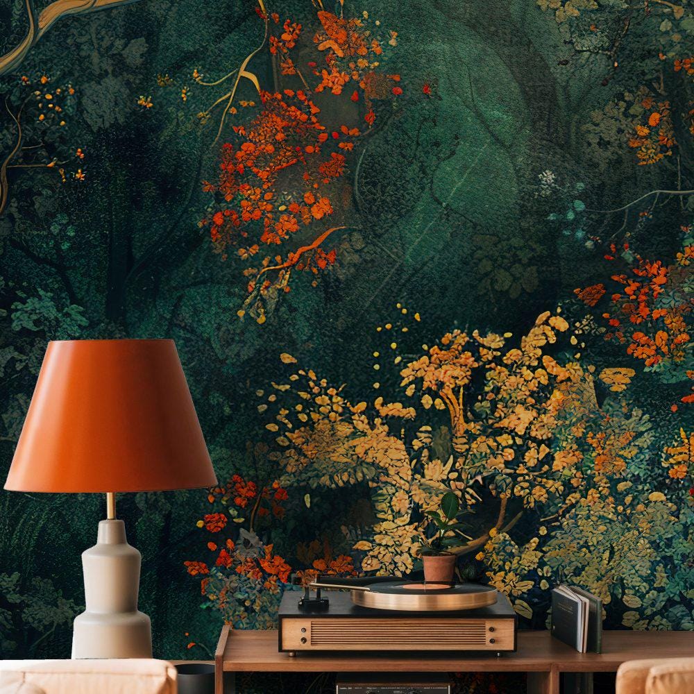 Dark Forest Peel and Stick Wallpaper, Autumn Botanical Wall Mural, Vintage Floral Removable Wallpaper - View 4
