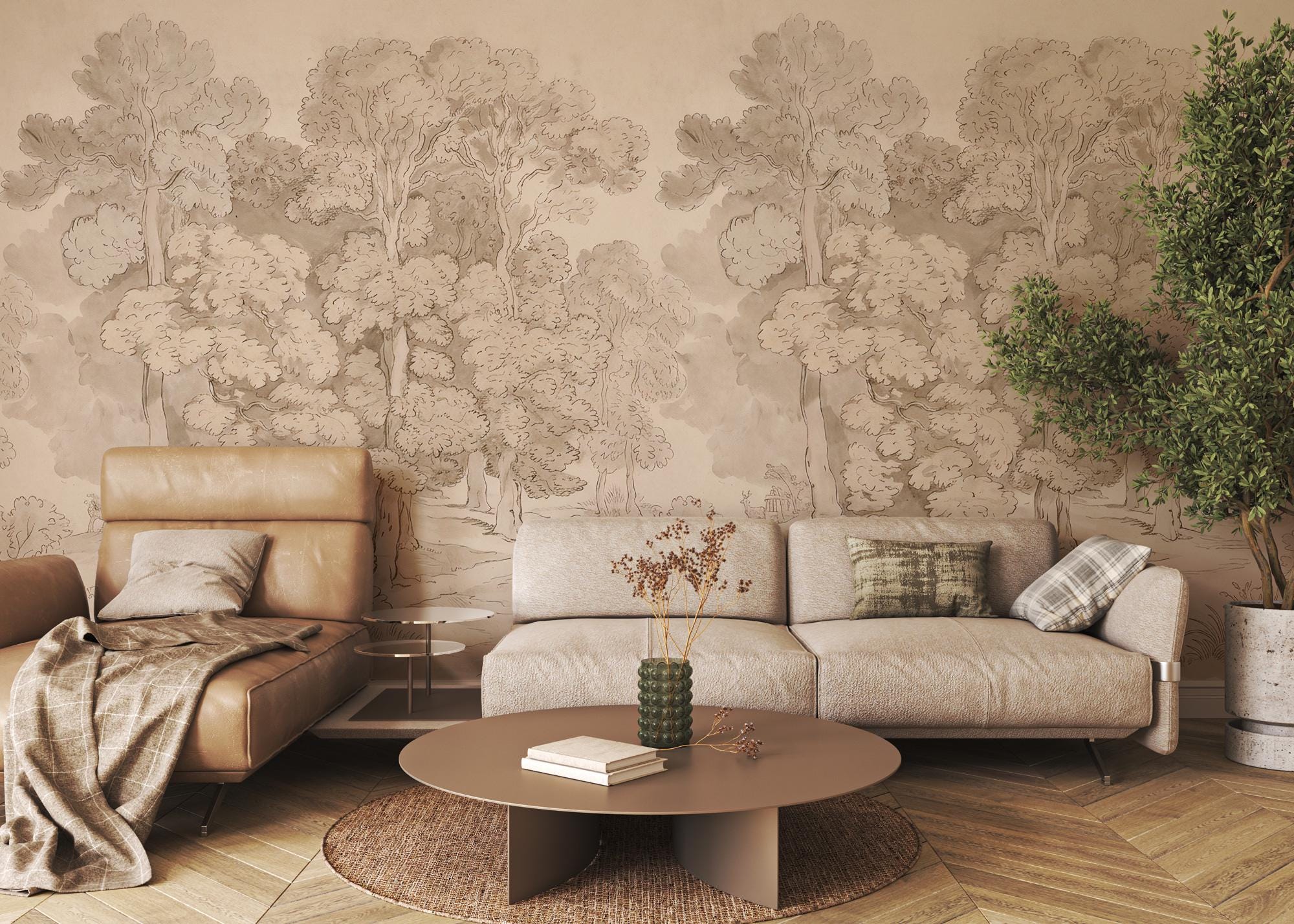 Vintage Woodland Forest Wallpaper: Peel and Stick Wall Mural - View 2