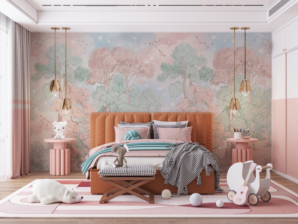Pastel Woodland Landscape Wallpaper: Peel and Stick Wall Mural - View 2