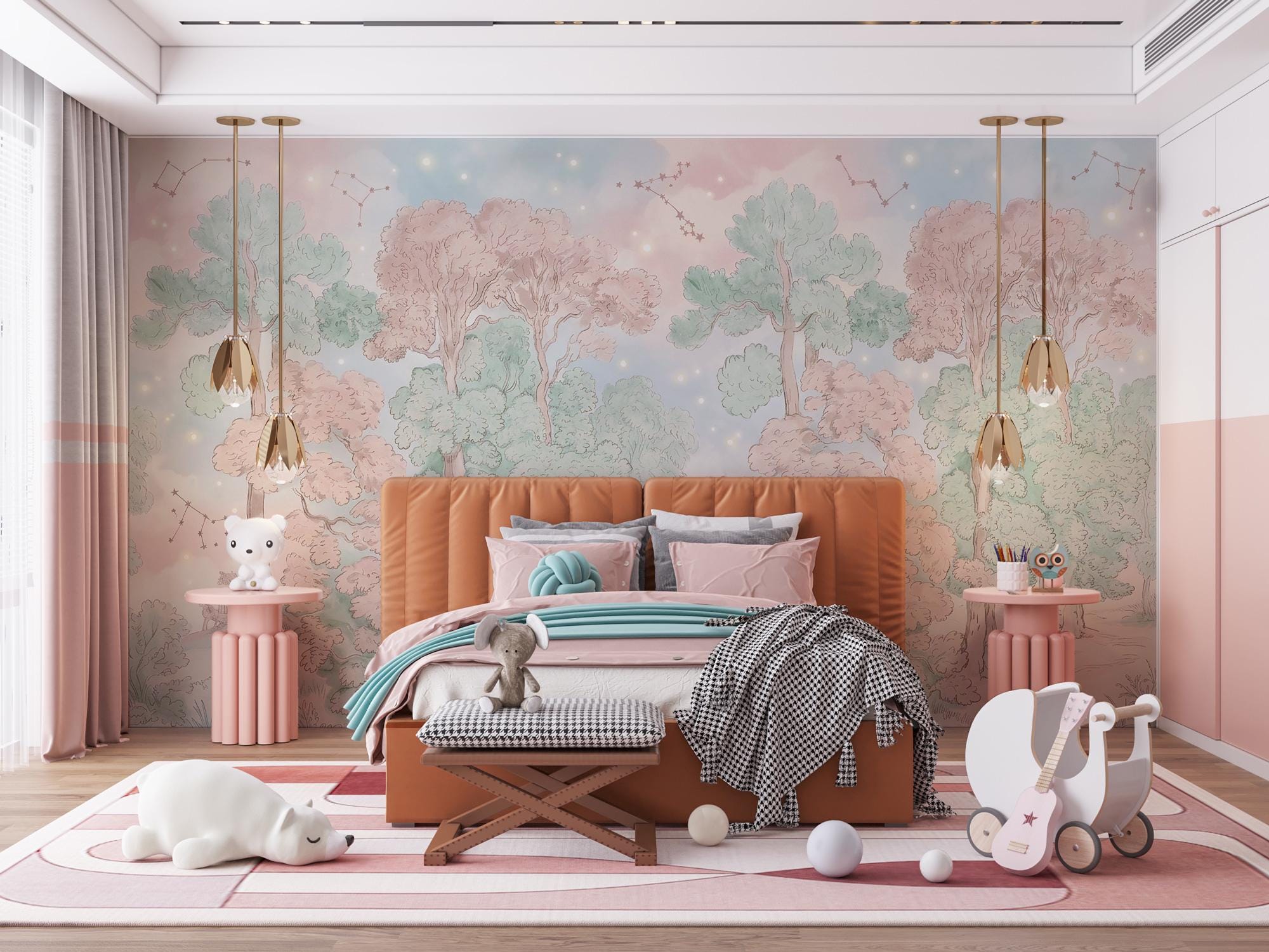 Pastel Woodland Landscape Wallpaper: Peel and Stick Wall Mural - View 2
