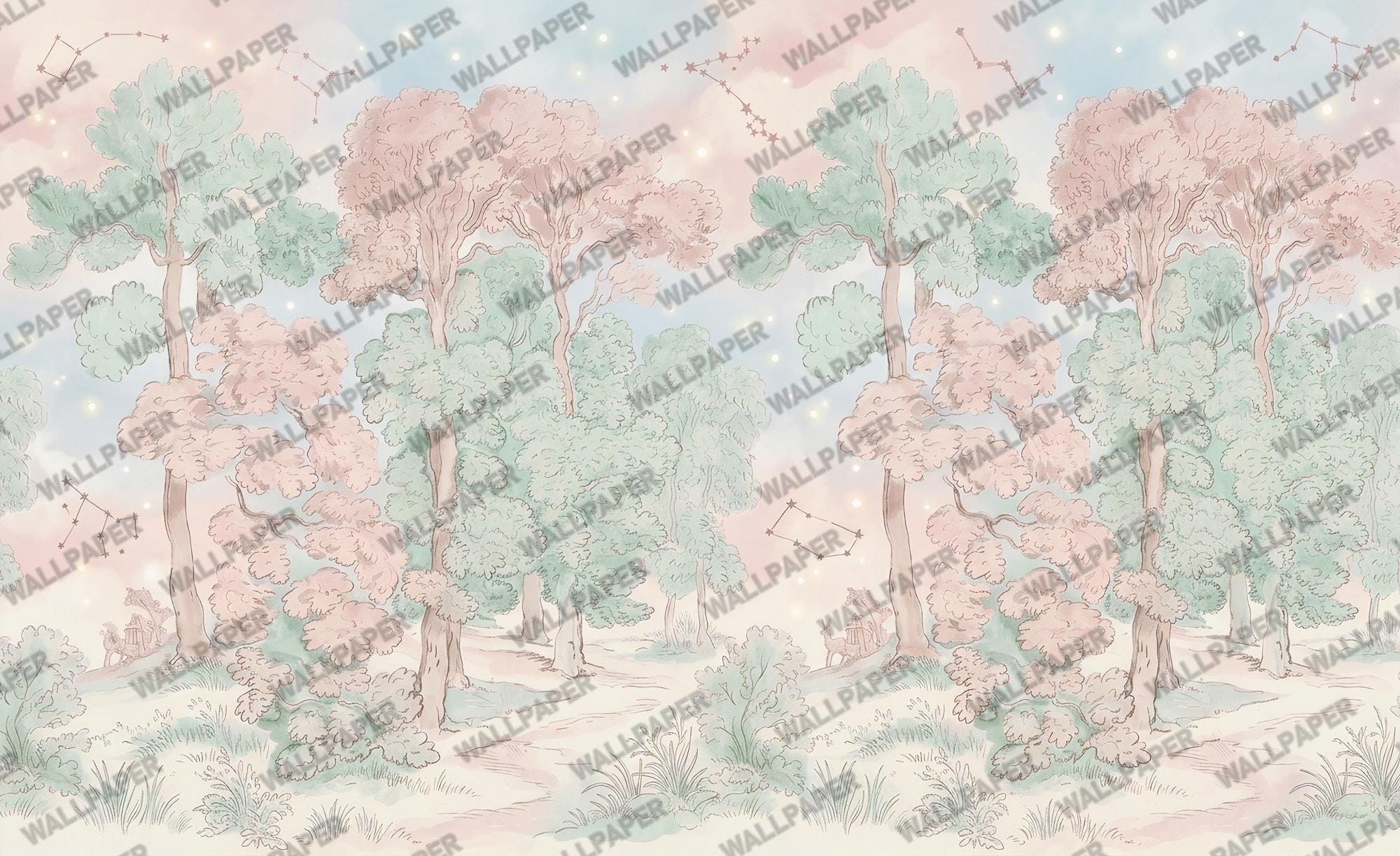 Pastel Woodland Landscape Wallpaper: Peel and Stick Wall Mural - View 5