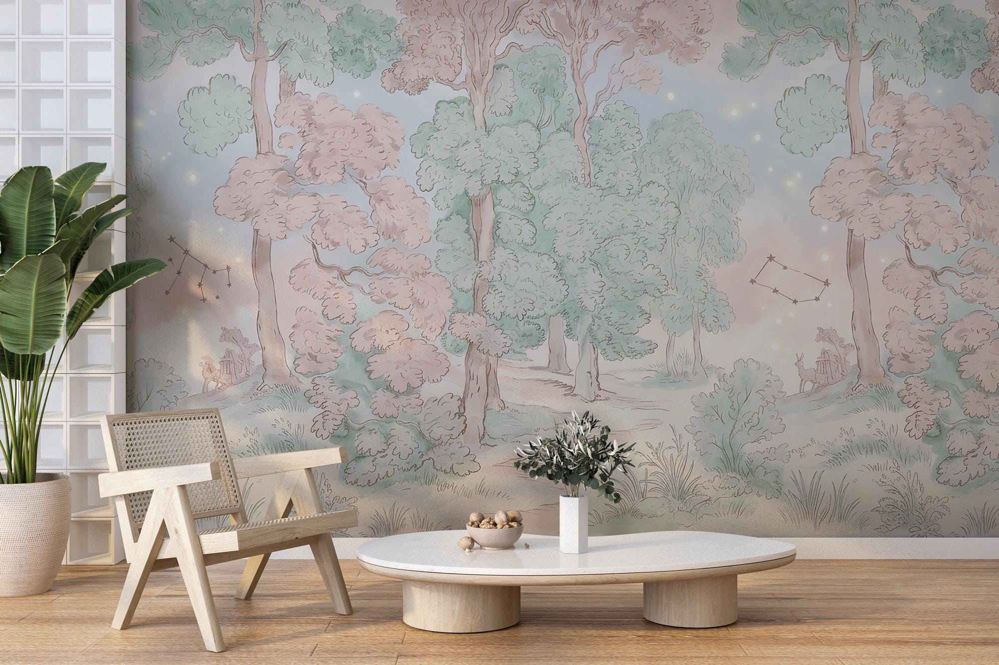 Pastel Woodland Landscape Wallpaper: Peel and Stick Wall Mural