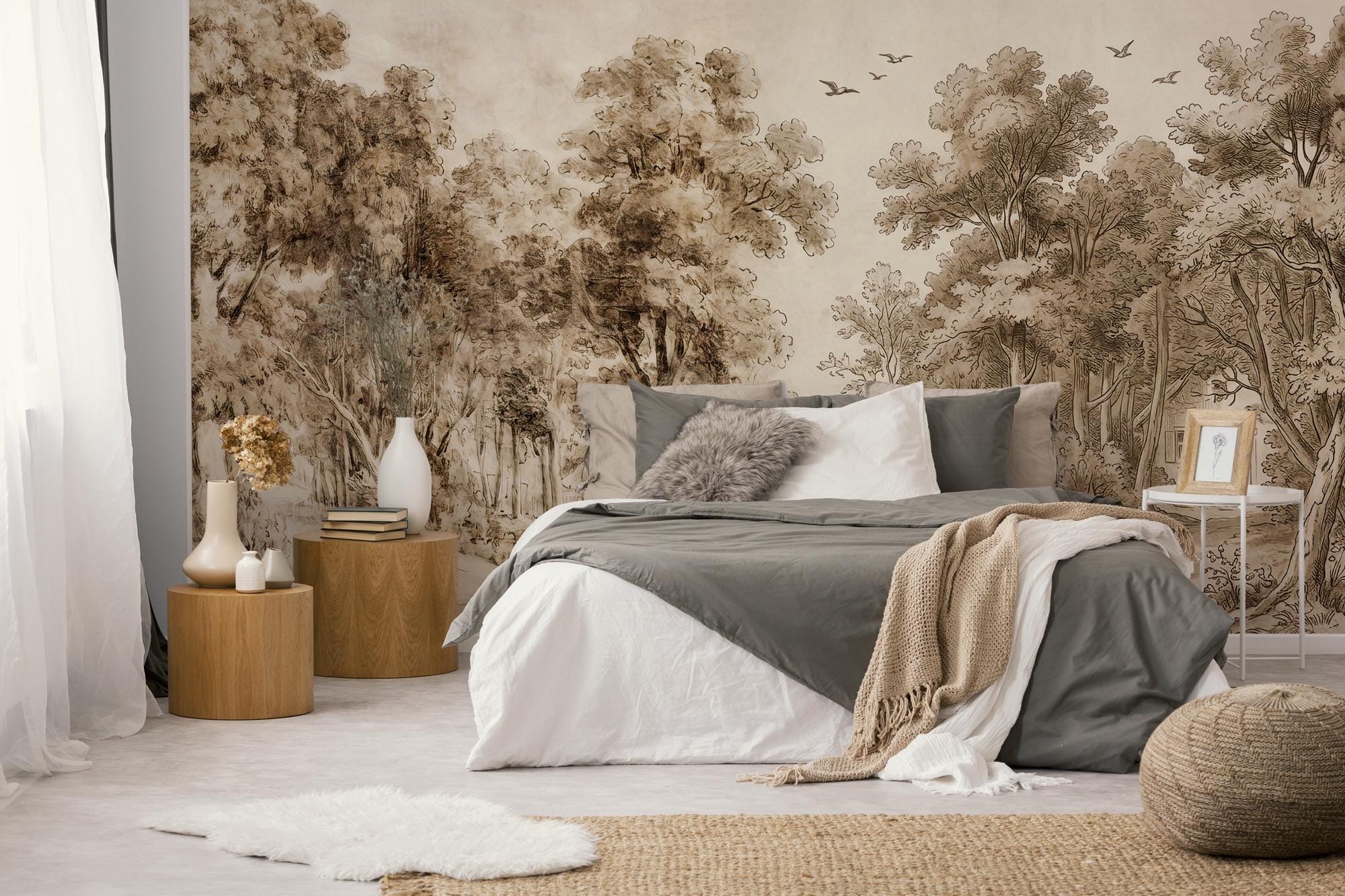 Vintage Sepia Forest Landscape Wallpaper: Peel and Stick Wall Mural - View 4