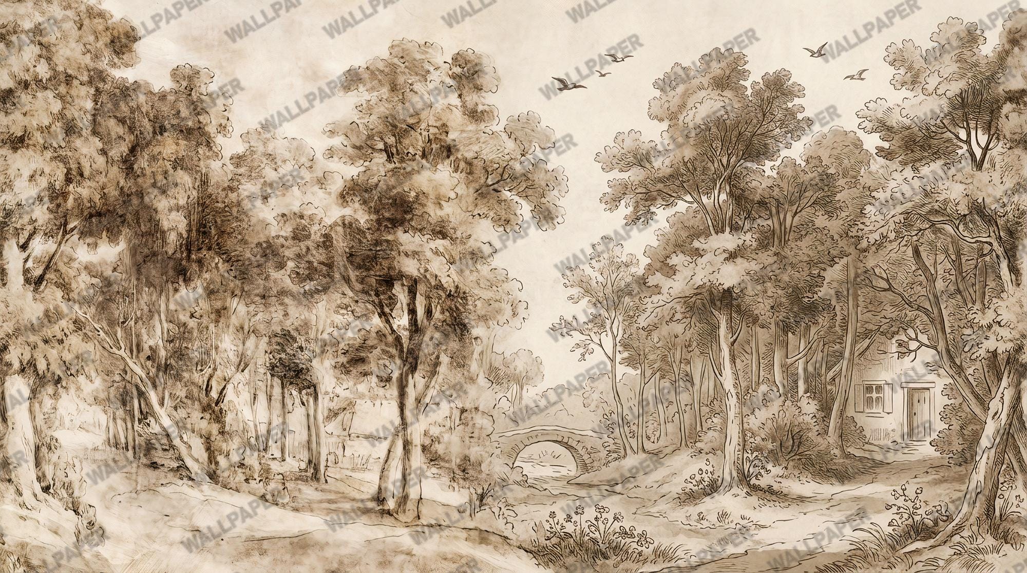 Vintage Sepia Forest Landscape Wallpaper: Peel and Stick Wall Mural - View 6