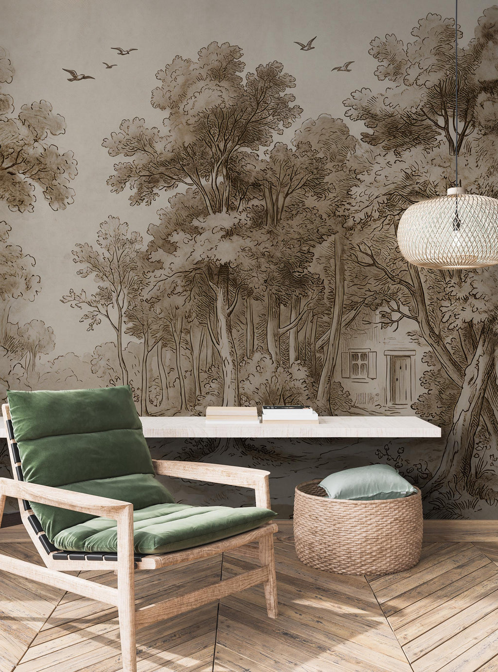Vintage Sepia Forest Landscape Wallpaper: Peel and Stick Wall Mural - View 3