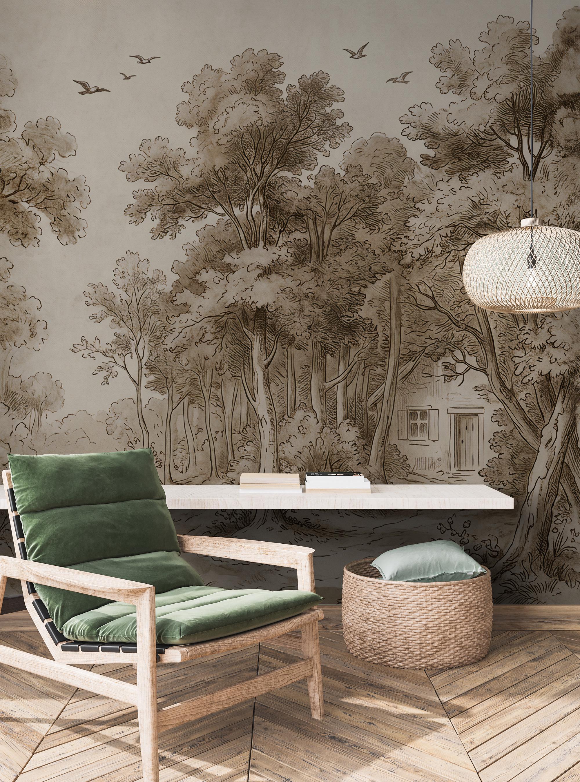 Vintage Sepia Forest Landscape Wallpaper: Peel and Stick Wall Mural - View 3