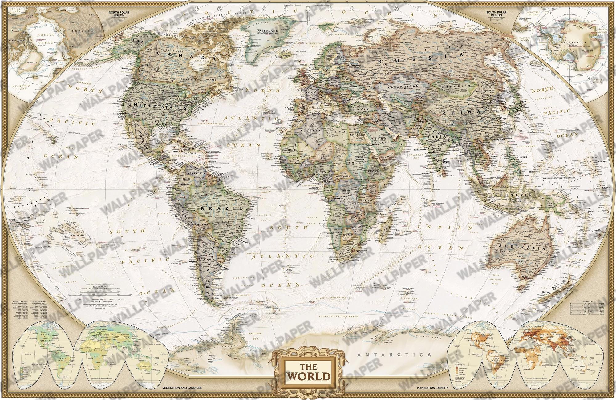 Vintage World Map Wallpaper: Peel and Stick Wall Mural - View 5