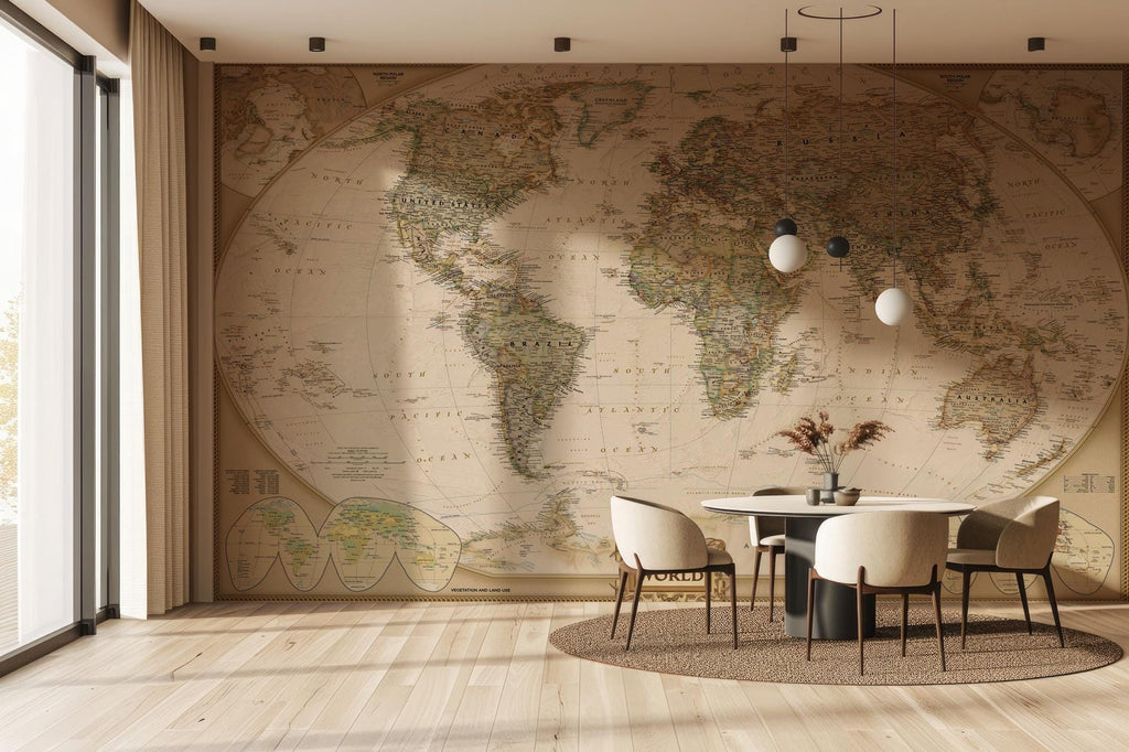 Vintage World Map Wallpaper: Peel and Stick Wall Mural - View 3